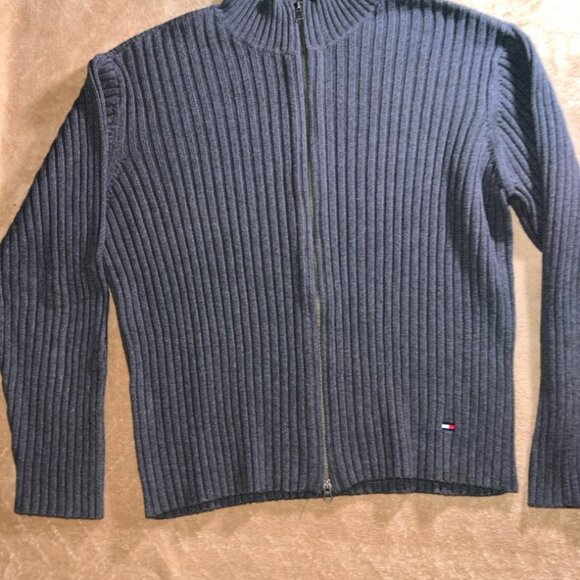 Vintage 90s Tommy Hilfiger Men XL Gray Knit Ribbon Full Zip Fall Sweater (U) - Picture 1 of 8